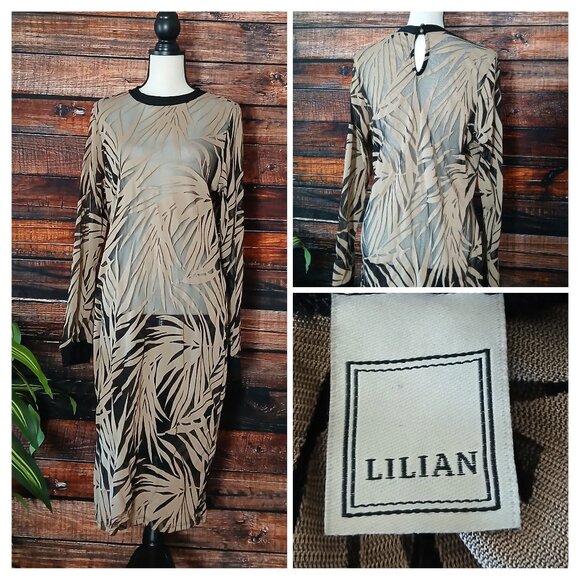 Lilian Vintage 80s Dress Plus 3X Sheer Mesh Midi Black Gold Leaf Bodycon US Made - Picture 1 of 9